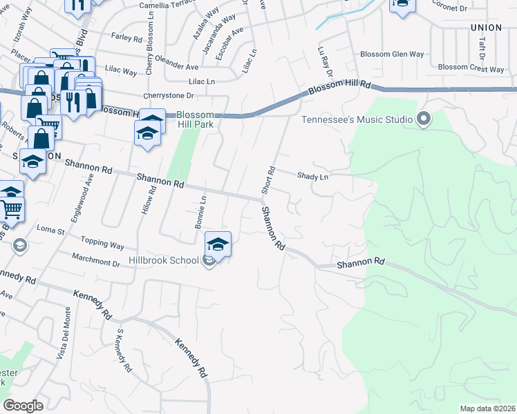 map of restaurants, bars, coffee shops, grocery stores, and more near 16070 Shannon Road in Los Gatos