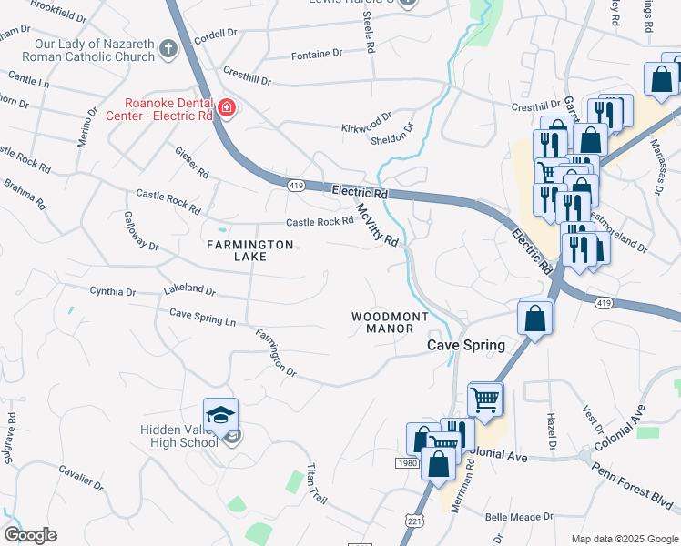 map of restaurants, bars, coffee shops, grocery stores, and more near 5186 Lakeland Drive in Cave Spring