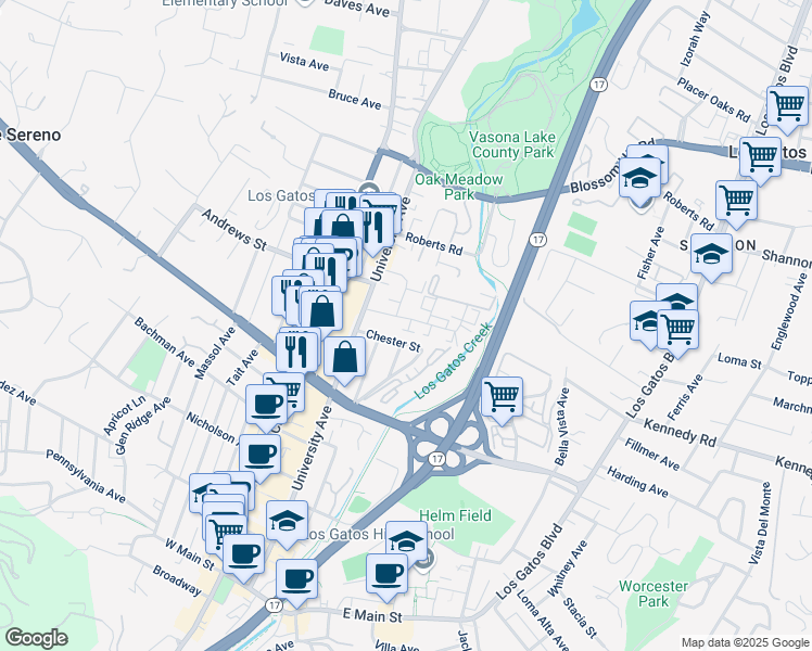 map of restaurants, bars, coffee shops, grocery stores, and more near 136 Towne Terrace in Los Gatos