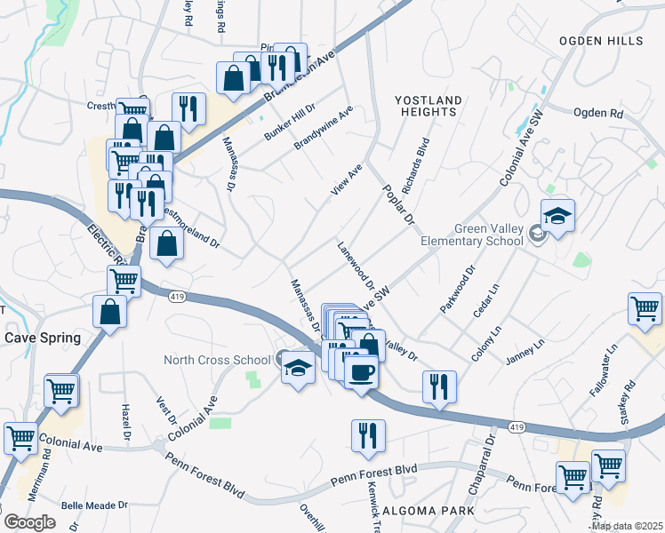 map of restaurants, bars, coffee shops, grocery stores, and more near 3717 Martinell Avenue in Cave Spring