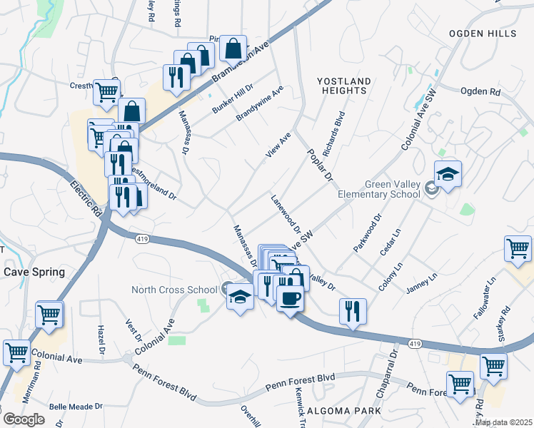 map of restaurants, bars, coffee shops, grocery stores, and more near 3717 Martinell Avenue in Cave Spring