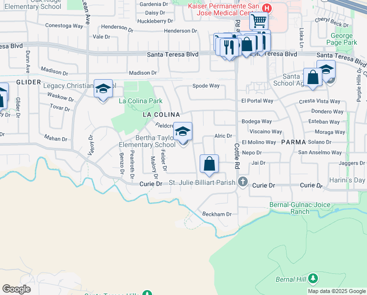 map of restaurants, bars, coffee shops, grocery stores, and more near 410 Sautner Drive in San Jose