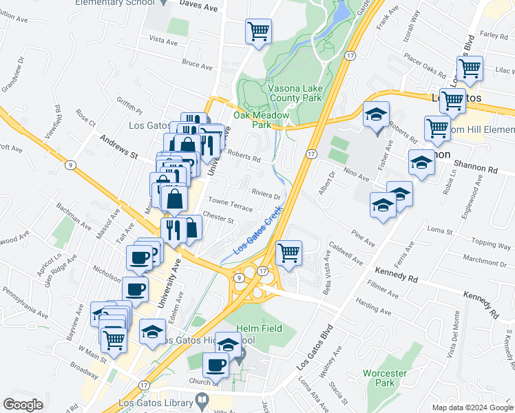 map of restaurants, bars, coffee shops, grocery stores, and more near 160 Towne Terrace in Los Gatos