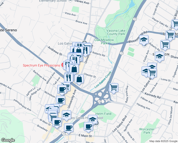 map of restaurants, bars, coffee shops, grocery stores, and more near 54 Chester Street in Los Gatos