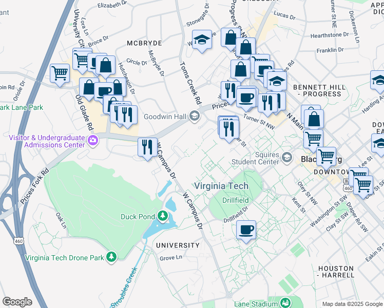 map of restaurants, bars, coffee shops, grocery stores, and more near Perry Street in Blacksburg