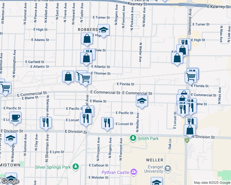 map of restaurants, bars, coffee shops, grocery stores, and more near 1348 E Commercial St in Springfield