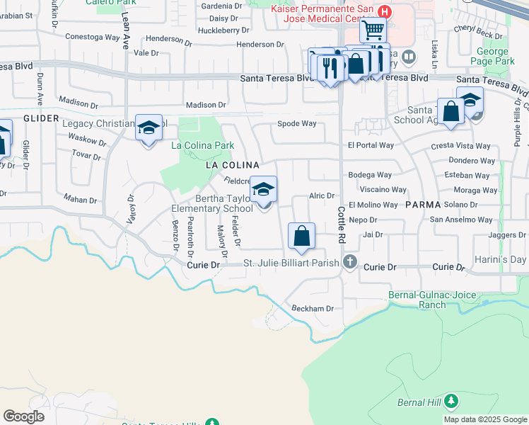 map of restaurants, bars, coffee shops, grocery stores, and more near 410 Sautner Drive in San Jose