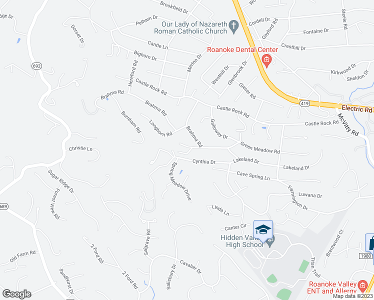 map of restaurants, bars, coffee shops, grocery stores, and more near 5632 Green Meadow Road in Roanoke