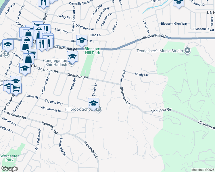 map of restaurants, bars, coffee shops, grocery stores, and more near 16384 Peacock Lane in Los Gatos