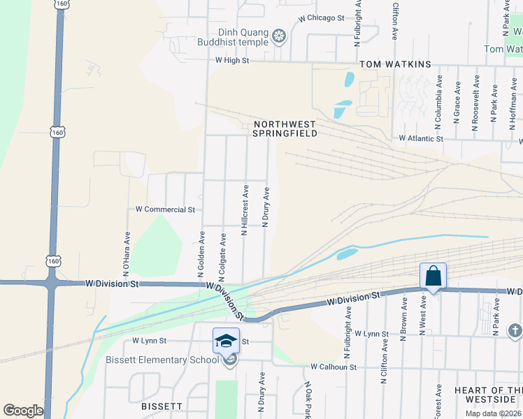 map of restaurants, bars, coffee shops, grocery stores, and more near 1708 North Hillcrest Avenue in Springfield
