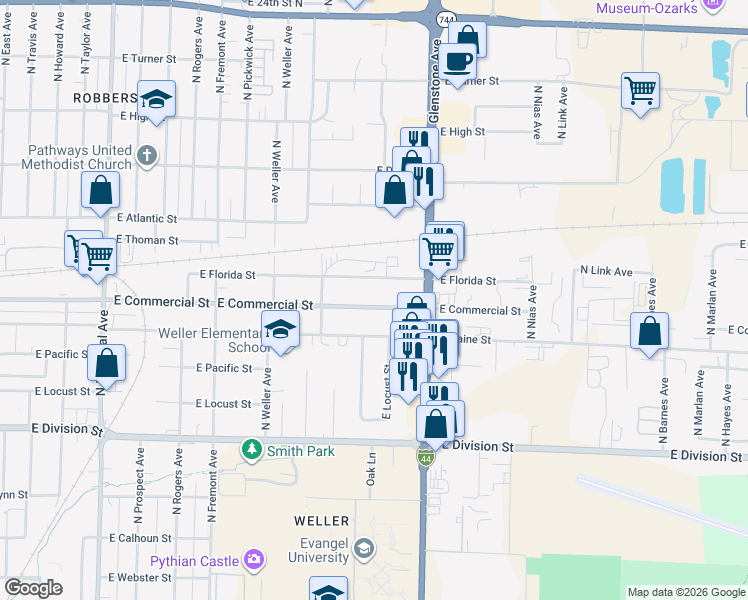 map of restaurants, bars, coffee shops, grocery stores, and more near 1663 East Commercial Street in Springfield