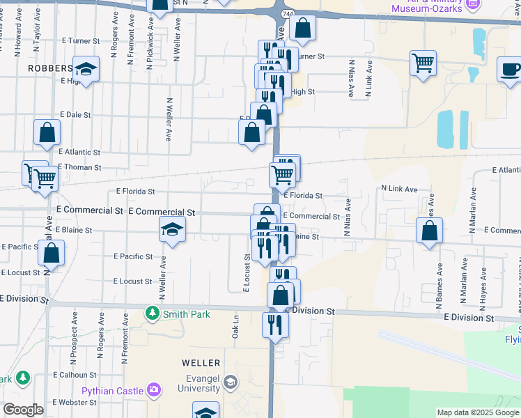 map of restaurants, bars, coffee shops, grocery stores, and more near 1716 East Commercial Street in Springfield