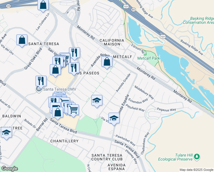 map of restaurants, bars, coffee shops, grocery stores, and more near 7143 Vía Lomas in San Jose