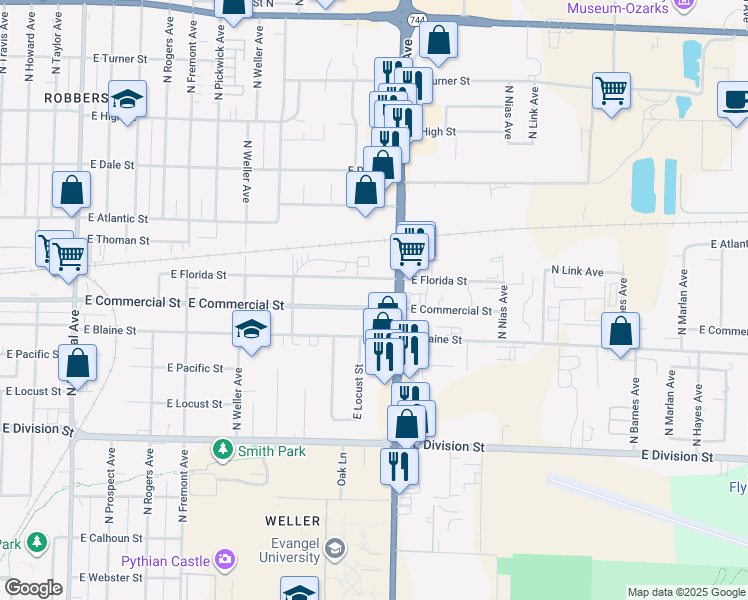 map of restaurants, bars, coffee shops, grocery stores, and more near 1716 East Commercial Street in Springfield