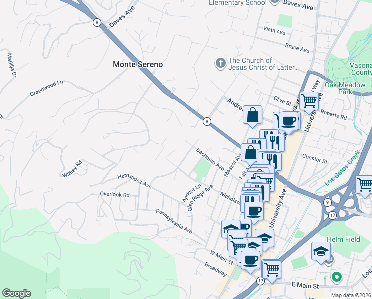 map of restaurants, bars, coffee shops, grocery stores, and more near 227 Alexander Avenue in Los Gatos