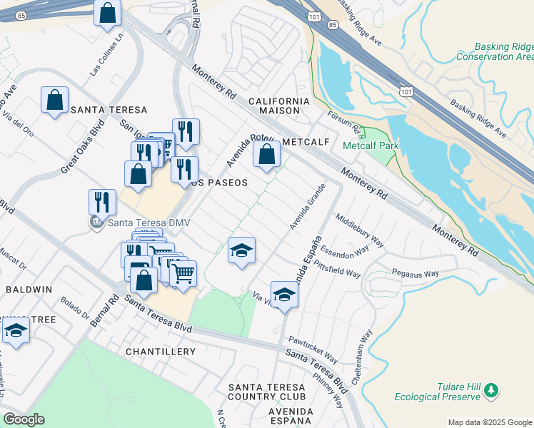 map of restaurants, bars, coffee shops, grocery stores, and more near 7143 Vía Lomas in San Jose