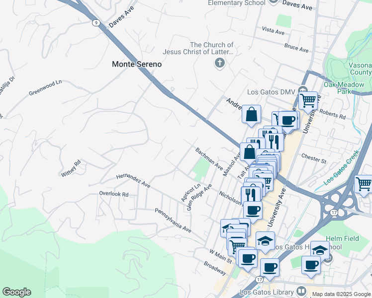 map of restaurants, bars, coffee shops, grocery stores, and more near 227 Alexander Avenue in Los Gatos