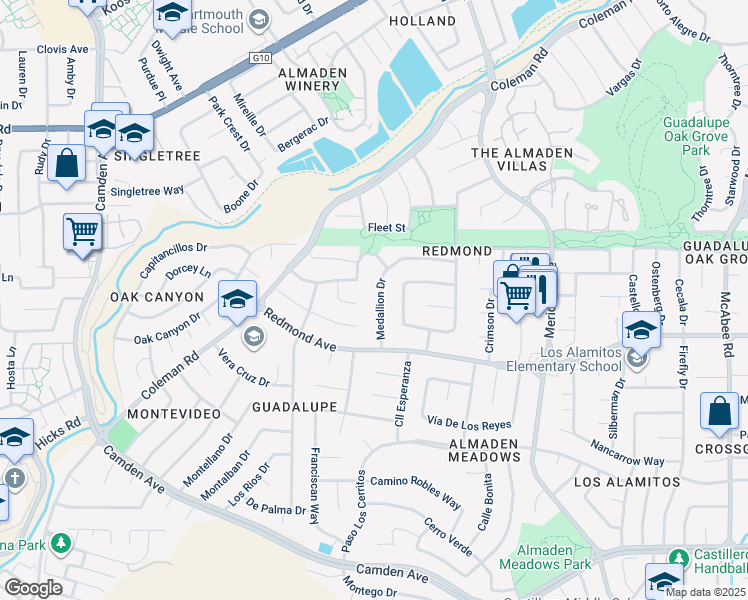 map of restaurants, bars, coffee shops, grocery stores, and more near 1467 Medallion Drive in San Jose