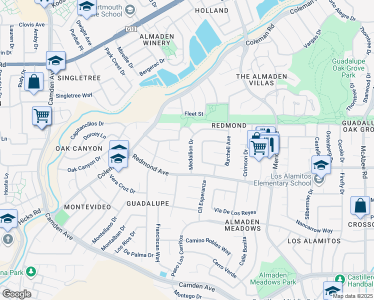 map of restaurants, bars, coffee shops, grocery stores, and more near 1467 Medallion Drive in San Jose