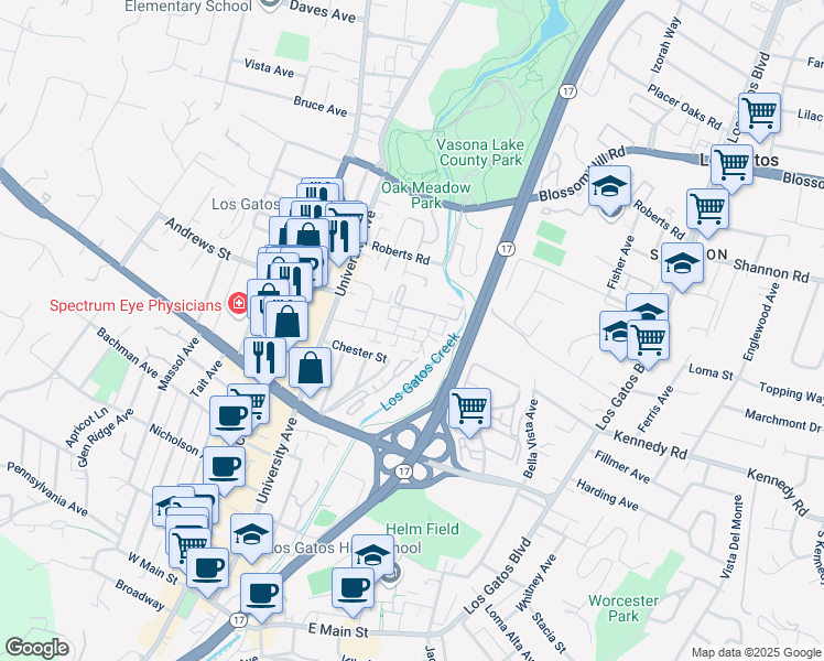 map of restaurants, bars, coffee shops, grocery stores, and more near 160 Towne Terrace in Los Gatos