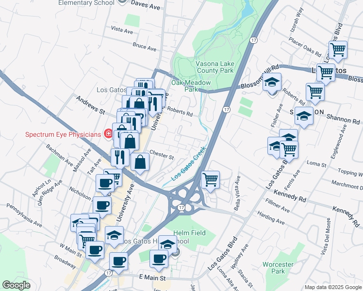 map of restaurants, bars, coffee shops, grocery stores, and more near 160 Towne Terrace in Los Gatos
