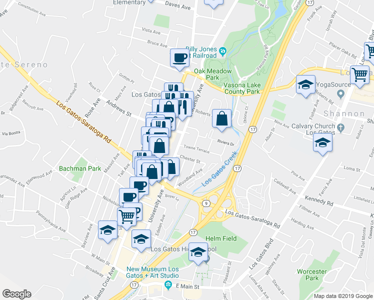 map of restaurants, bars, coffee shops, grocery stores, and more near 54 Chester Street in Los Gatos