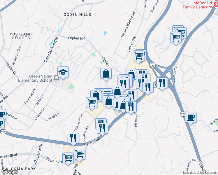 map of restaurants, bars, coffee shops, grocery stores, and more near 2932 Ogden Rd in Roanoke