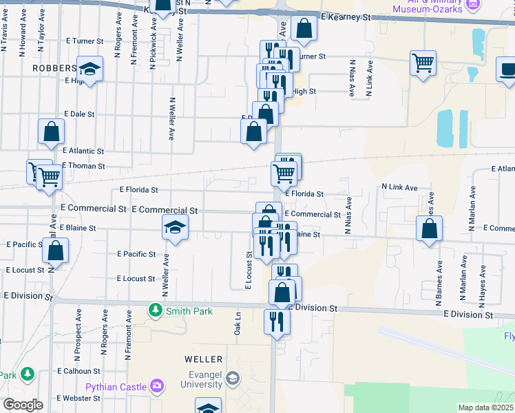 map of restaurants, bars, coffee shops, grocery stores, and more near 1716 East Commercial Street in Springfield