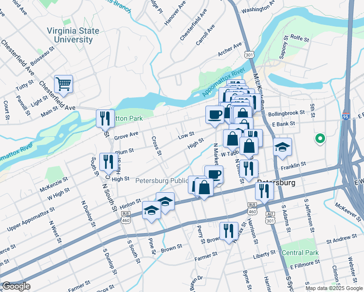 map of restaurants, bars, coffee shops, grocery stores, and more near 281 High Street in Petersburg