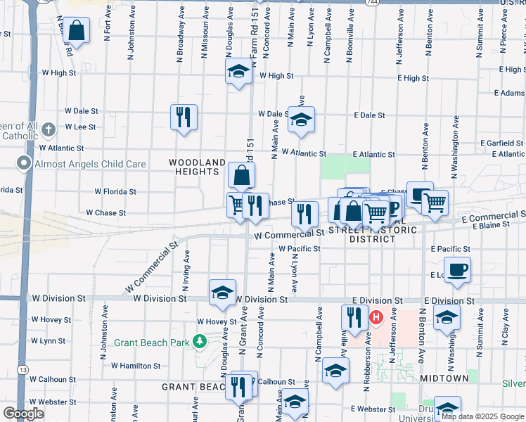 map of restaurants, bars, coffee shops, grocery stores, and more near 1834 North Grant Avenue in Springfield