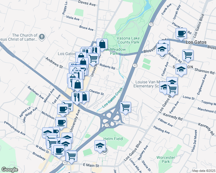 map of restaurants, bars, coffee shops, grocery stores, and more near 161 Towne Terrace in Los Gatos