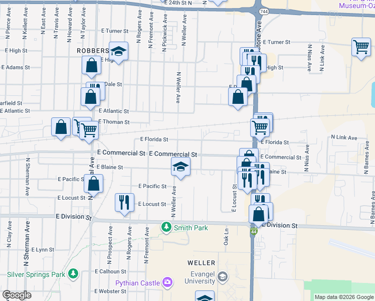 map of restaurants, bars, coffee shops, grocery stores, and more near 1524 East Commercial Street in Springfield
