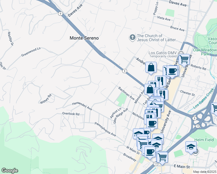 map of restaurants, bars, coffee shops, grocery stores, and more near 16200 West Ellenwood Avenue in Monte Sereno