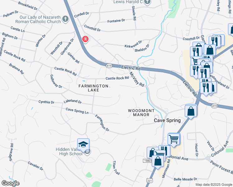map of restaurants, bars, coffee shops, grocery stores, and more near 5179 Lakeland Drive in Cave Spring