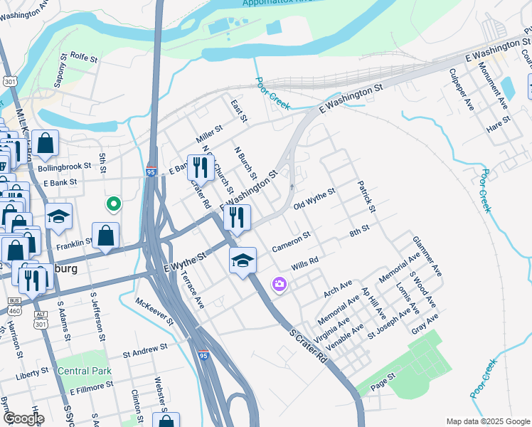 map of restaurants, bars, coffee shops, grocery stores, and more near 835 East Wythe Street in Petersburg