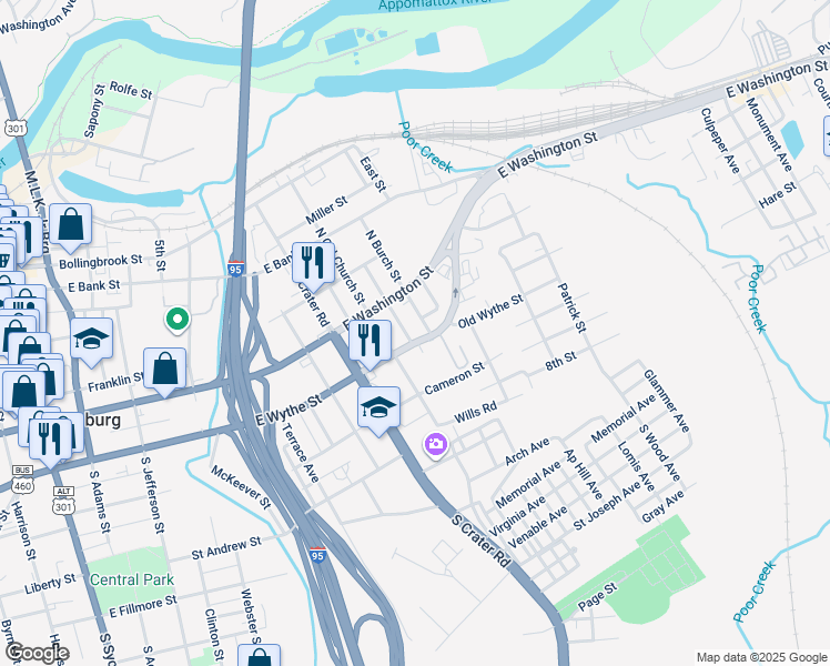 map of restaurants, bars, coffee shops, grocery stores, and more near 835 East Wythe Street in Petersburg