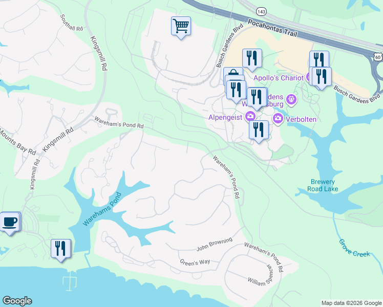 map of restaurants, bars, coffee shops, grocery stores, and more near 108 Blair Ct in Williamsburg