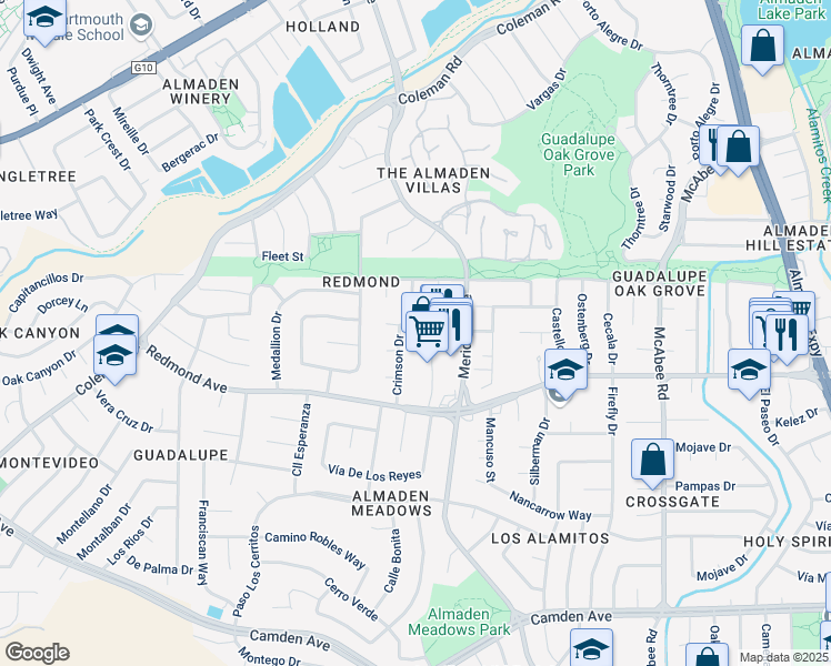 map of restaurants, bars, coffee shops, grocery stores, and more near 6065 Meridian Avenue in San Jose