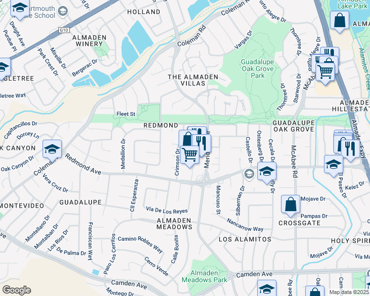 map of restaurants, bars, coffee shops, grocery stores, and more near 6065 Meridian Avenue in San Jose