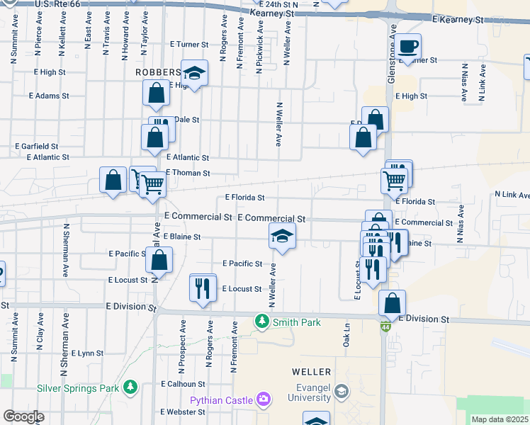map of restaurants, bars, coffee shops, grocery stores, and more near 1456 East Commercial Street in Springfield