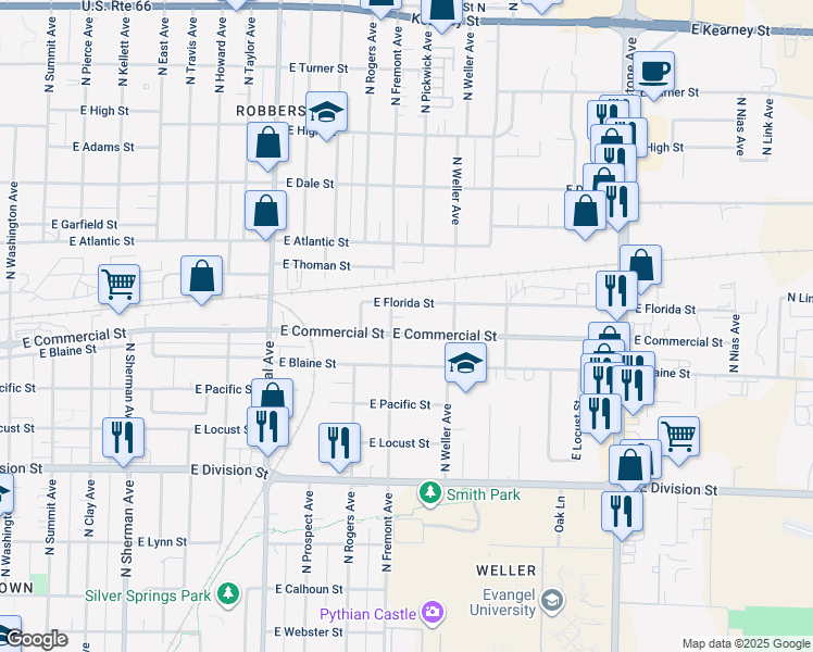 map of restaurants, bars, coffee shops, grocery stores, and more near 1408 East Commercial Street in Springfield