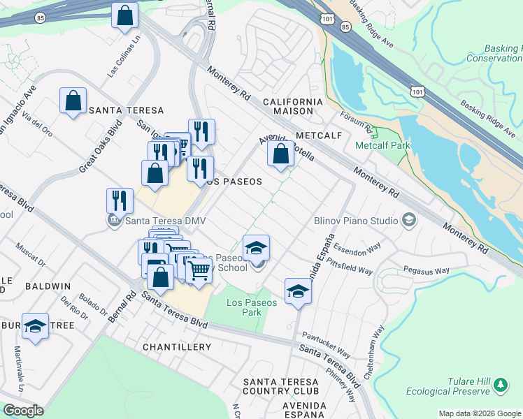 map of restaurants, bars, coffee shops, grocery stores, and more near 7147 Vía Maria in San Jose