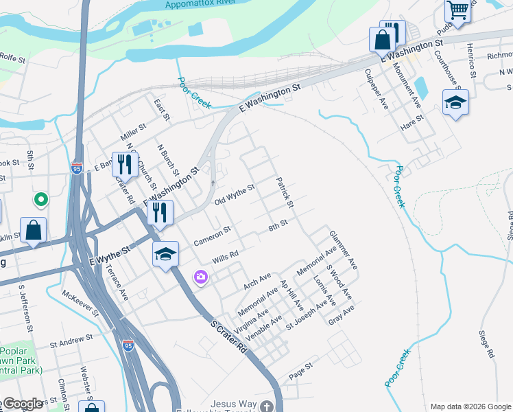 map of restaurants, bars, coffee shops, grocery stores, and more near 1012 7th Street in Petersburg