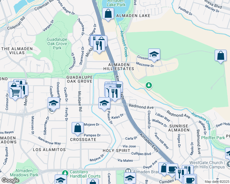 map of restaurants, bars, coffee shops, grocery stores, and more near 1161 Redmond Avenue in San Jose
