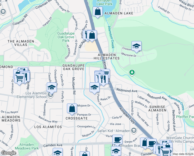 map of restaurants, bars, coffee shops, grocery stores, and more near 6155 Moss Oak Way in San Jose