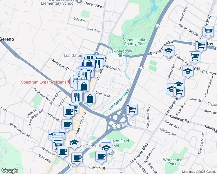 map of restaurants, bars, coffee shops, grocery stores, and more near 54 Chester Street in Los Gatos