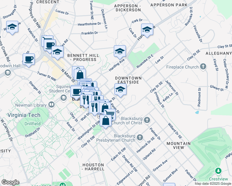 map of restaurants, bars, coffee shops, grocery stores, and more near 203 Wharton Street Southeast in Blacksburg