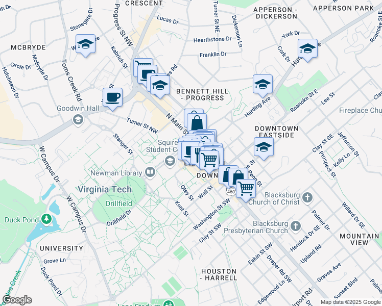 map of restaurants, bars, coffee shops, grocery stores, and more near  in Blacksburg