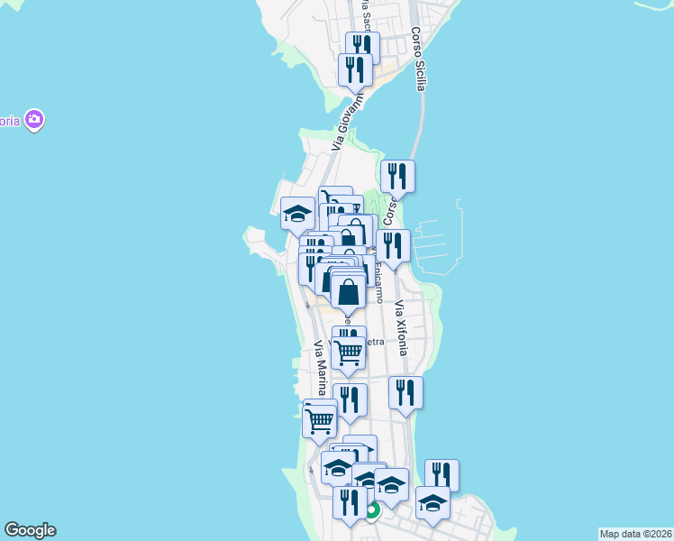 map of restaurants, bars, coffee shops, grocery stores, and more near 126 Via Principe Umberto in Augusta