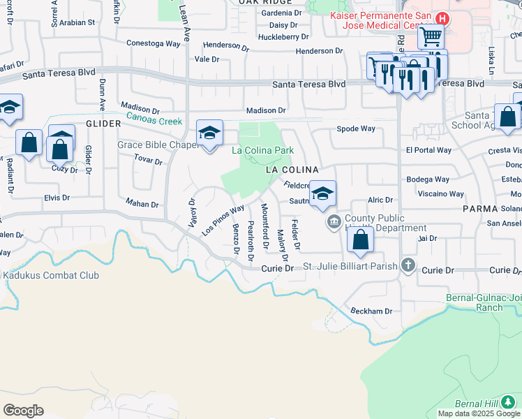 map of restaurants, bars, coffee shops, grocery stores, and more near 6273 Mountford Drive in San Jose